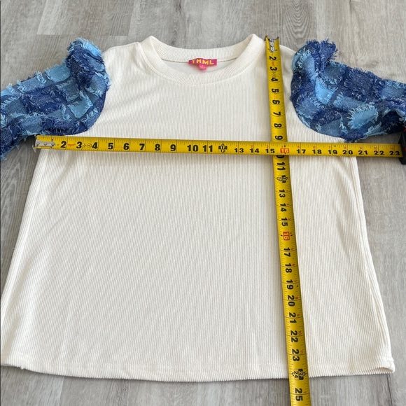 THML Denim Patchwork Puff Sleeve Top Short Long Sleeve White Blue Women L Cotton - Picture 10 of 12